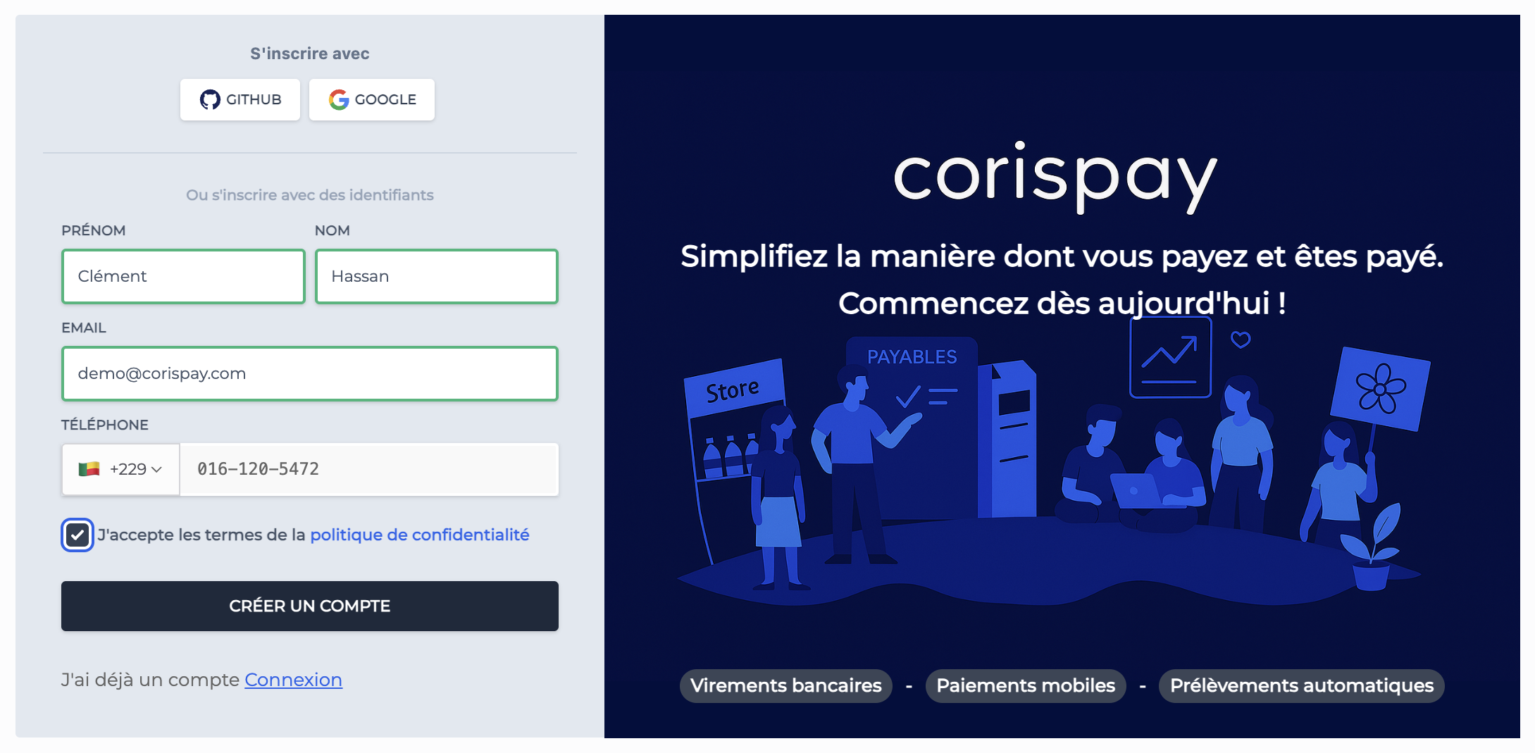 CorisPay Registration page - Écran de création de compte CorisPay