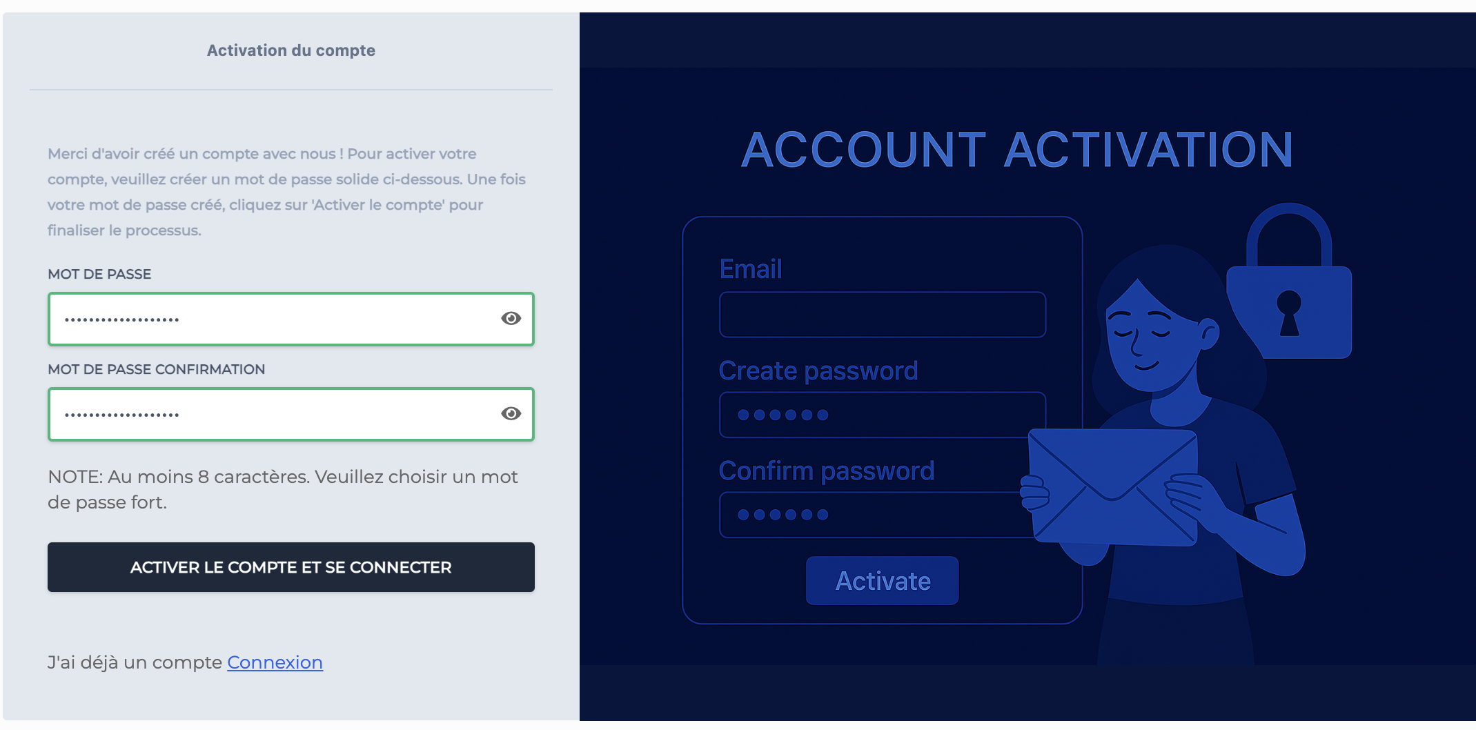 CorisPay Activation page - Choix du mot de passe