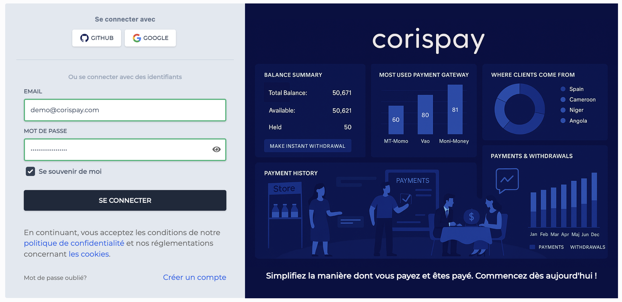 CorisPay Login page - Première connexion au tableau de bord