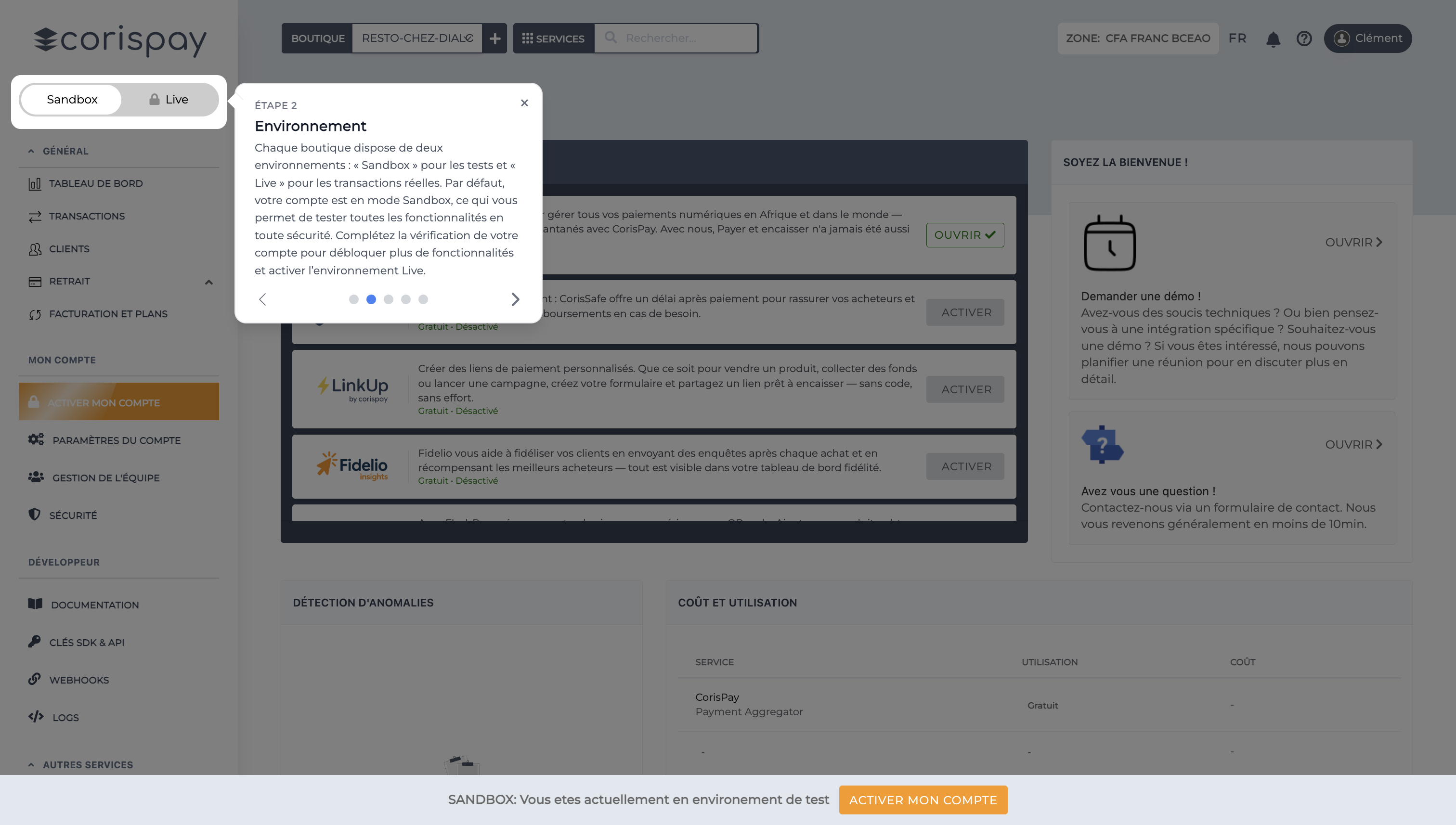 CorisPay onboarding page - Changement d’environnement de la boutique