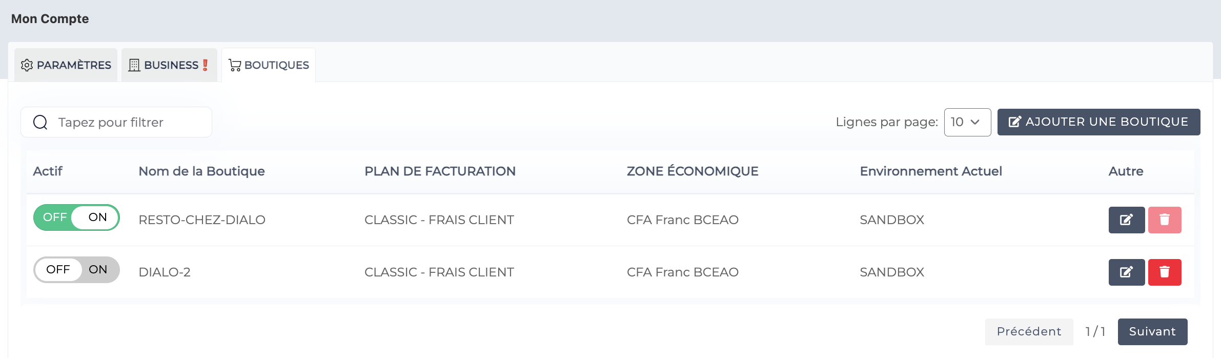 Configuration des devises par boutique