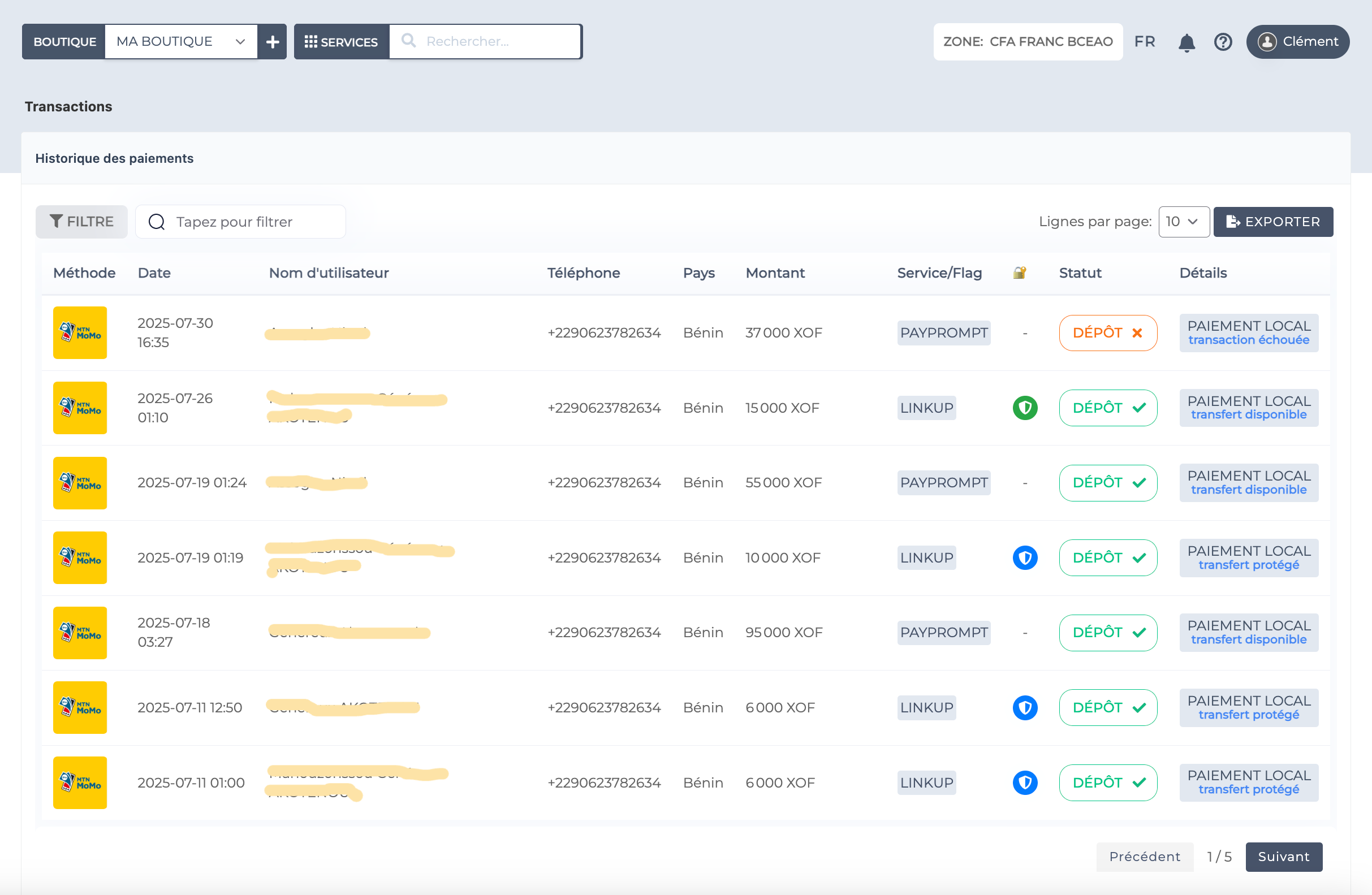 Liste et détails des transactions