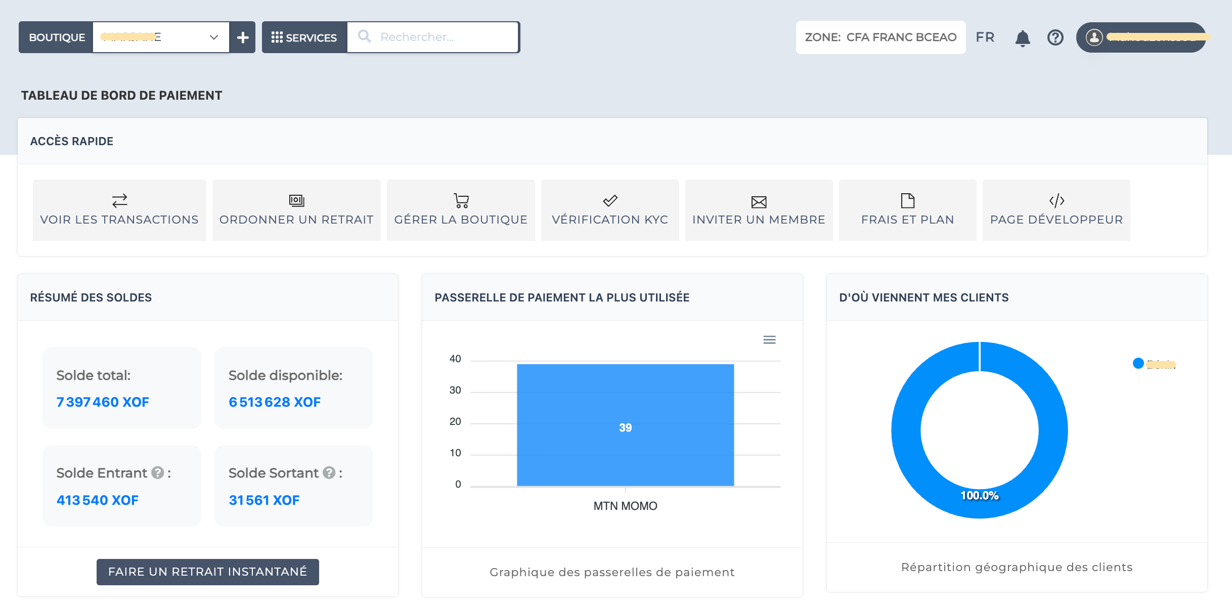 Vue d’ensemble du tableau de bord CorisPay