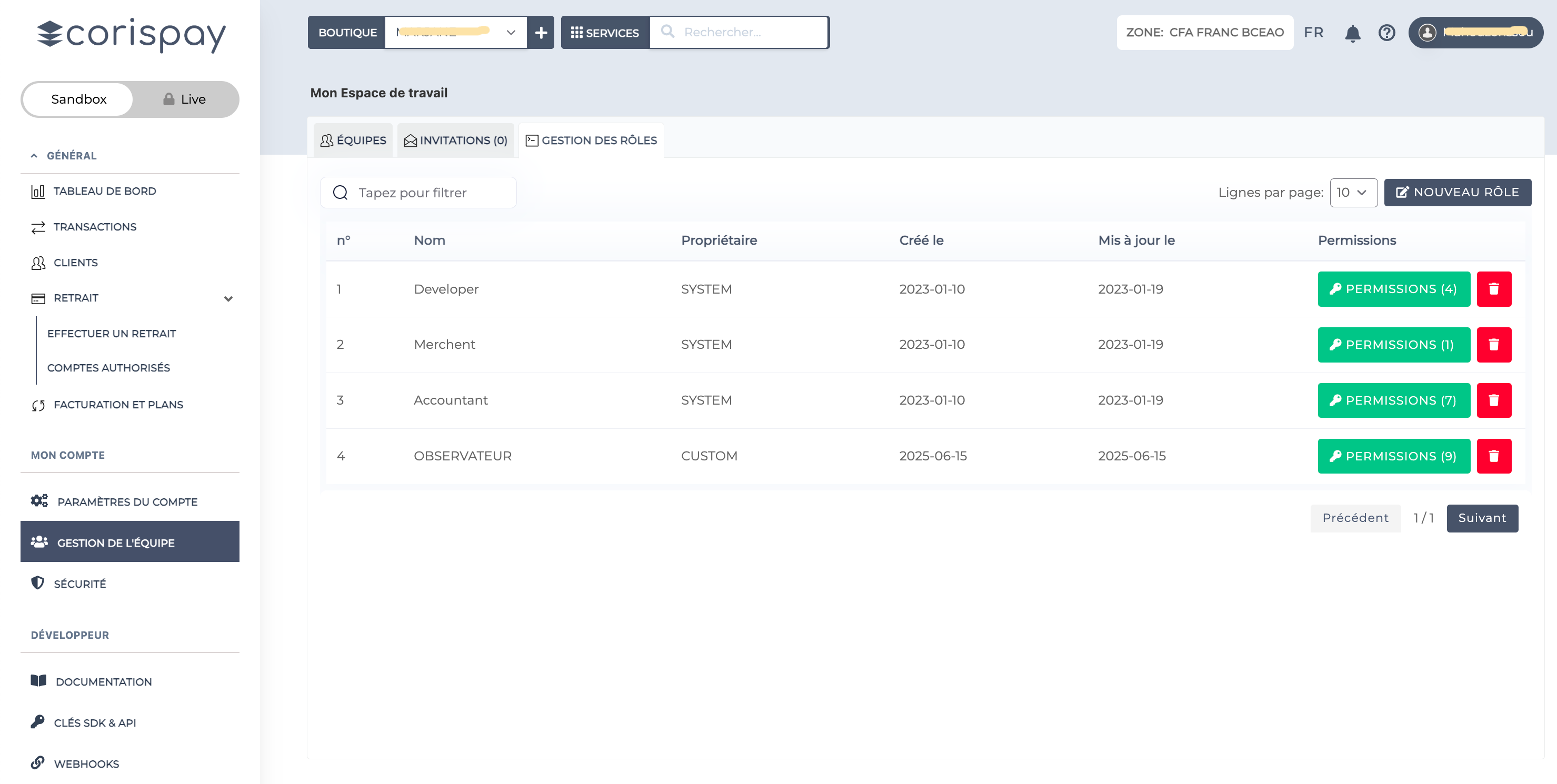 Vue d’ensemble du tableau de bord CorisPay