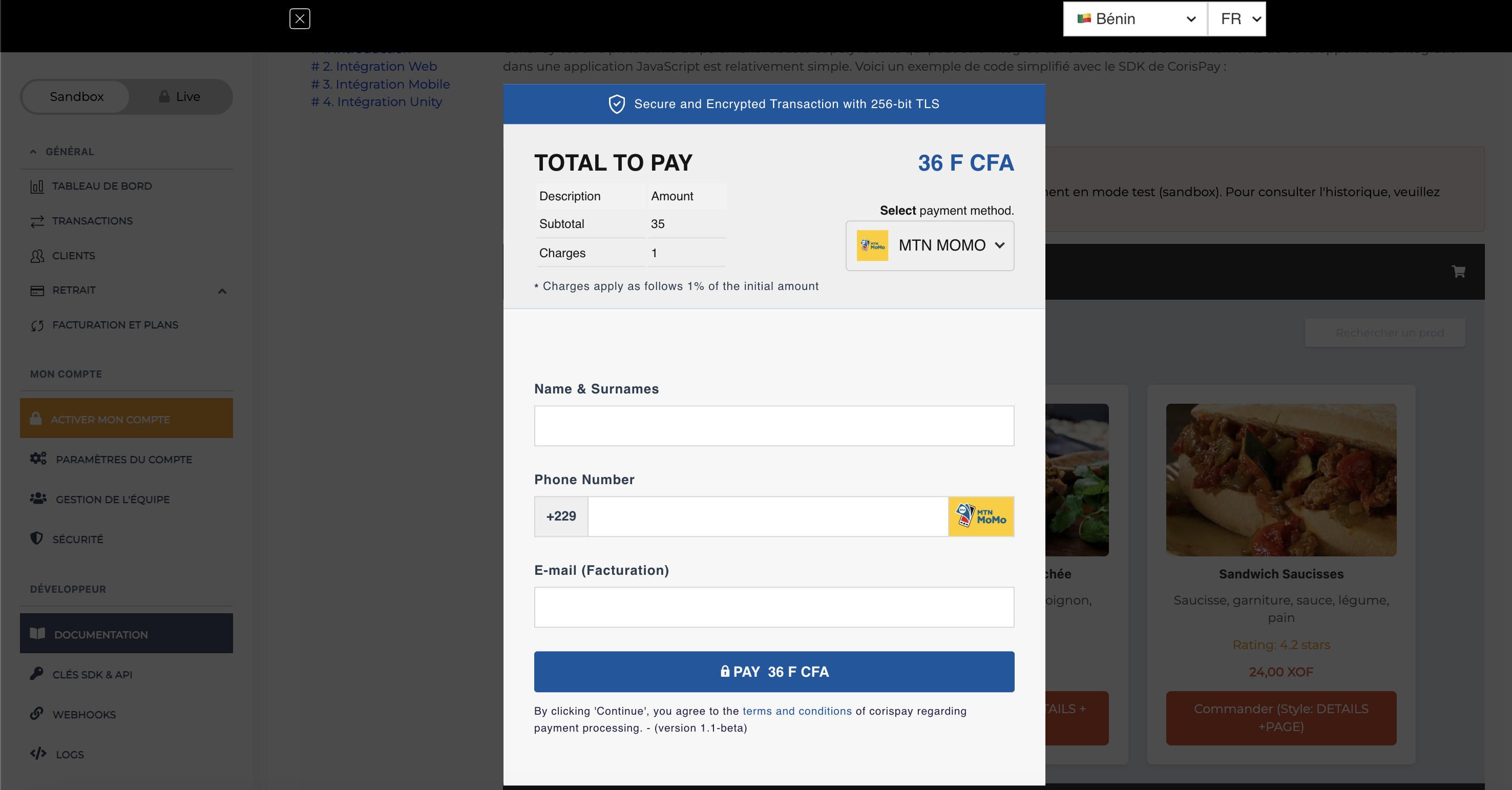 Portail développeur CorisPay - Navigation