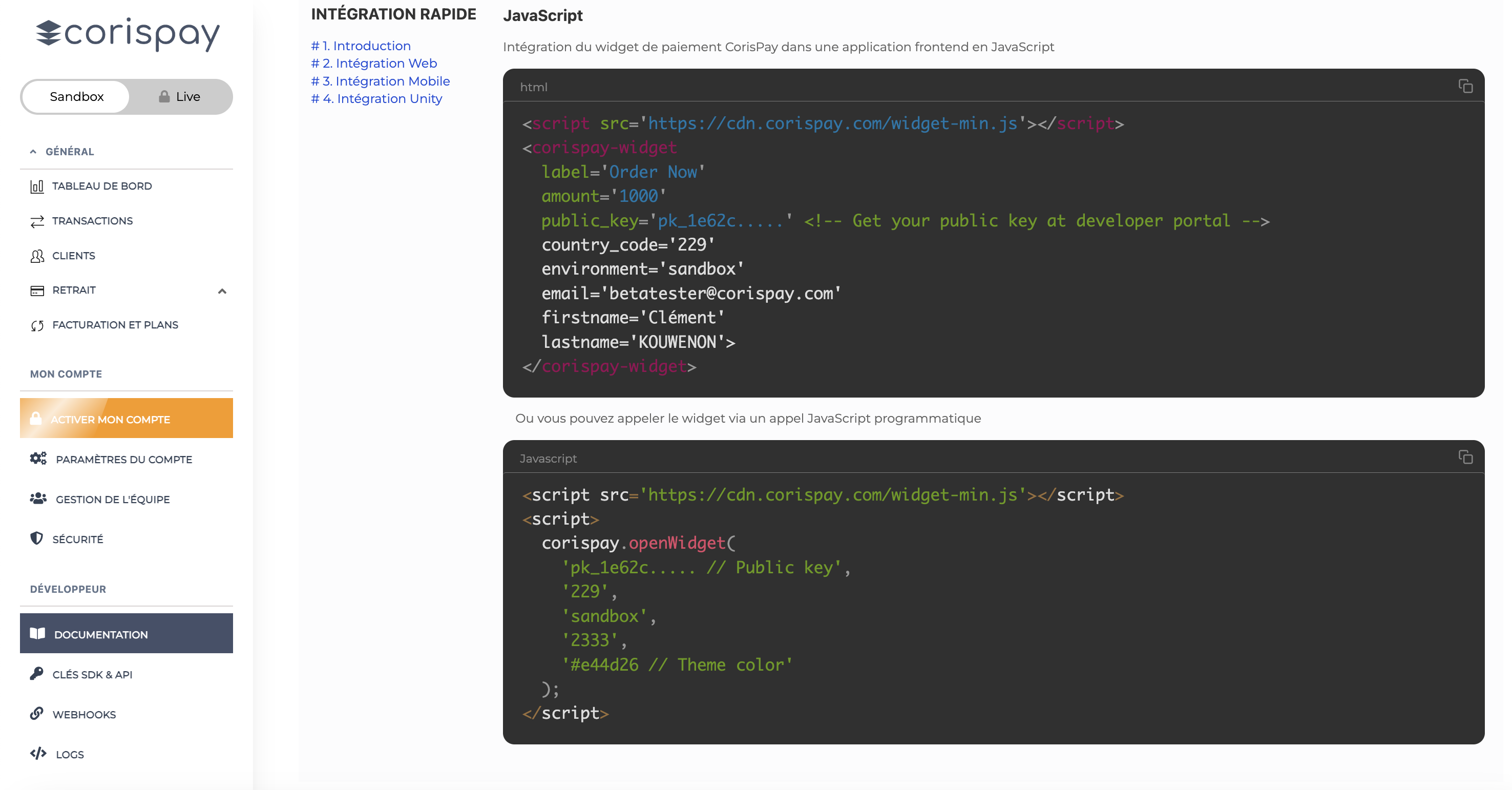Page Documentation développeur