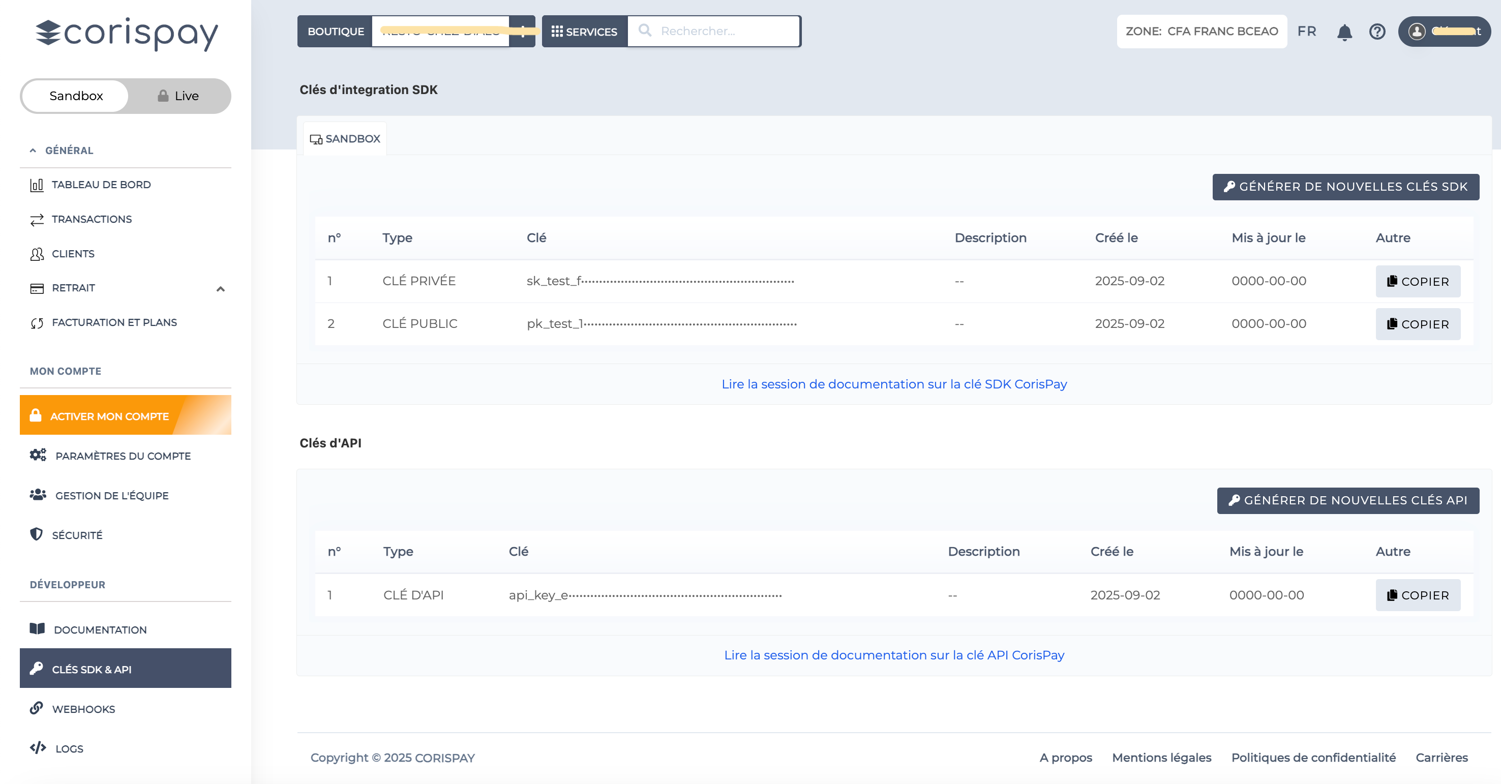 Gestion des clés SDK et API