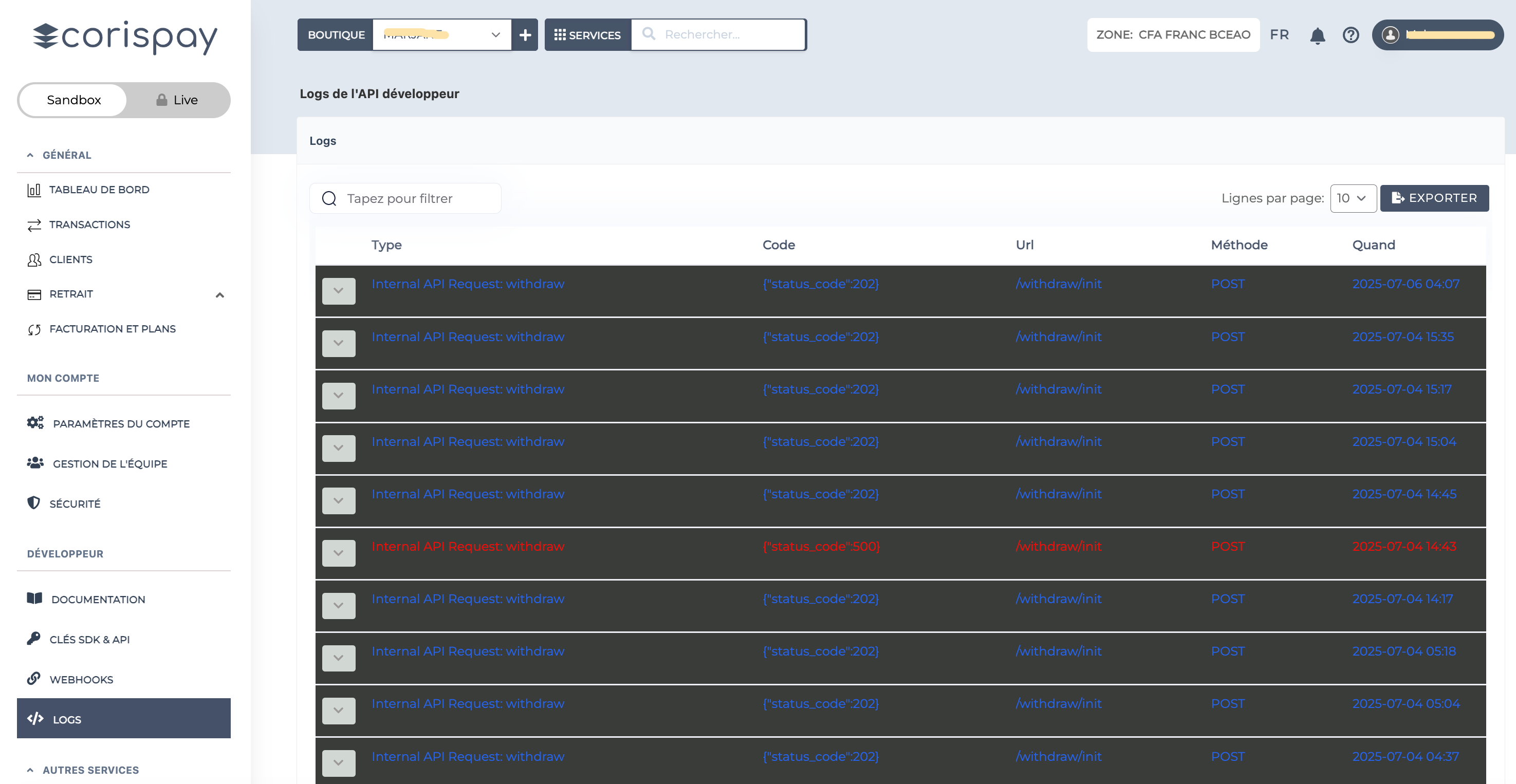 Logs API développeur