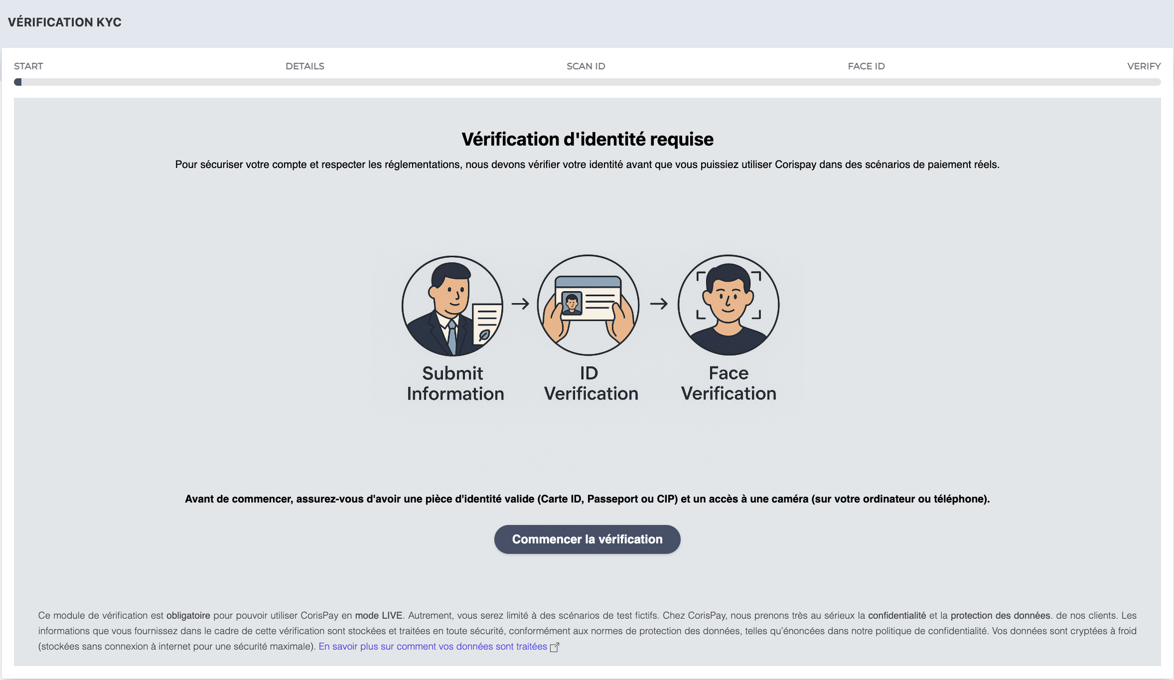 CorisPay onboarding page - Démarrage de la vérification KYC