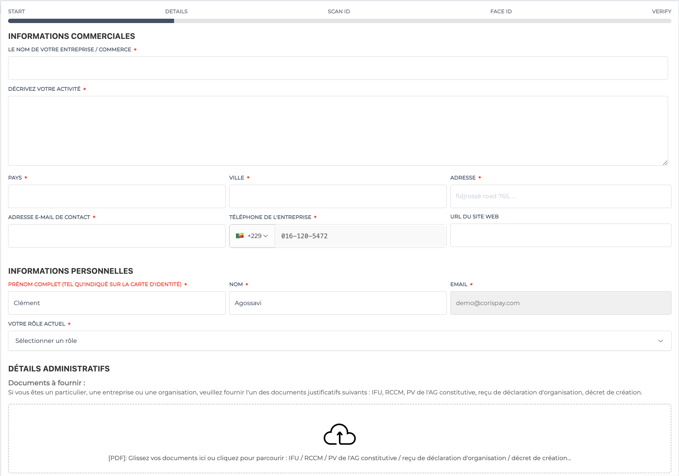 CorisPay onboarding page - Étape 1 de la vérification KYC