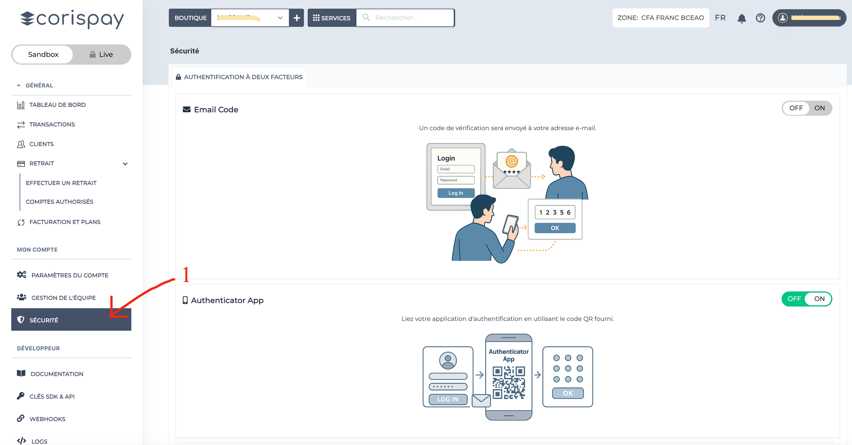 Options d’authentification à deux facteurs CorisPay