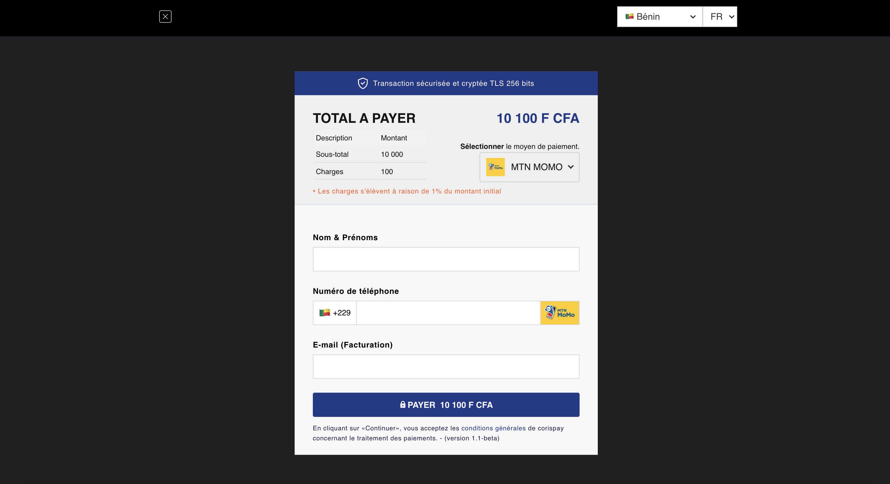 CorisPay widget v1- Payment widget UI Javascript (with mobile money)