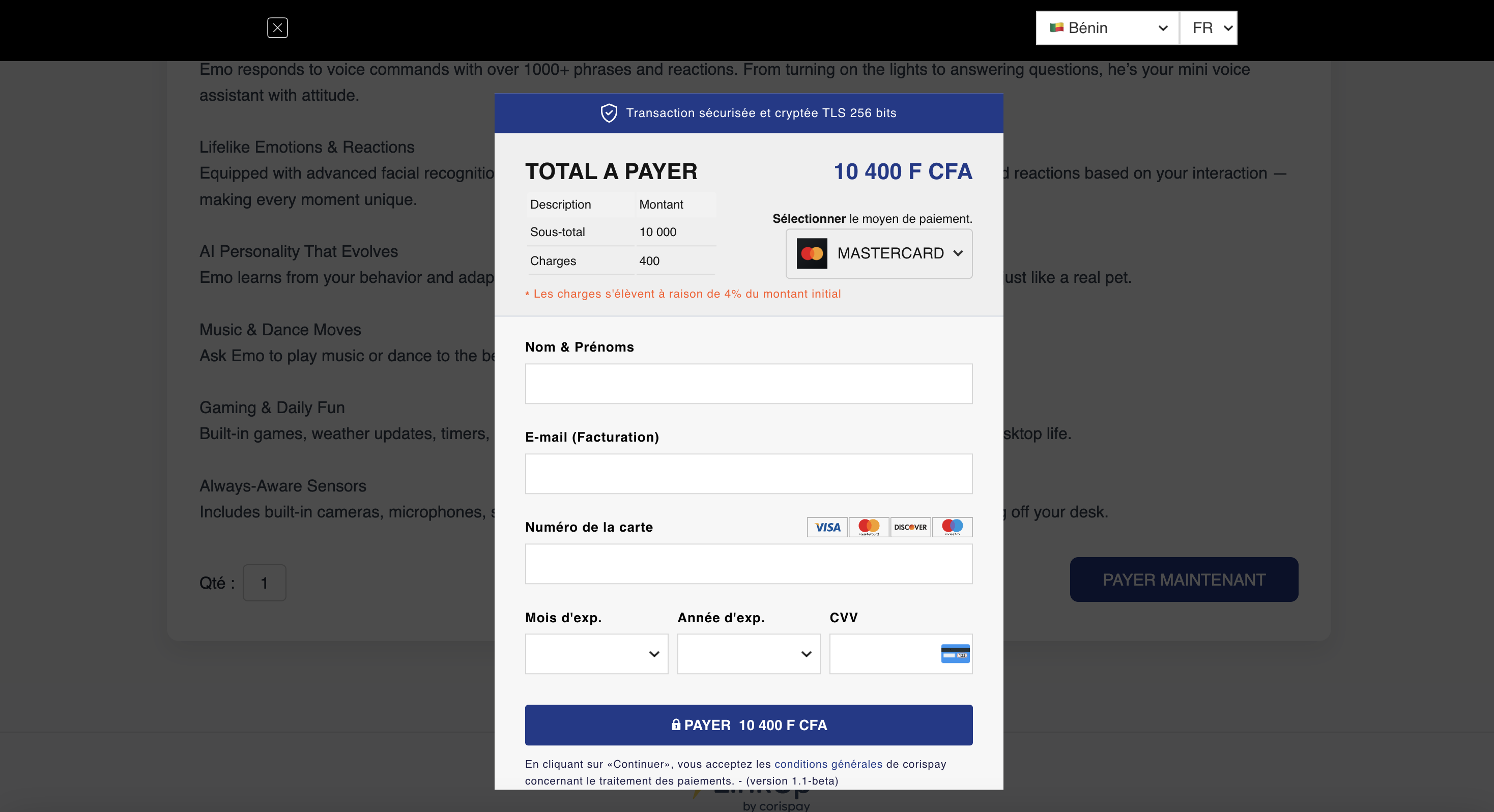 CorisPay widget v1- Payment widget UI Javascript (with card)