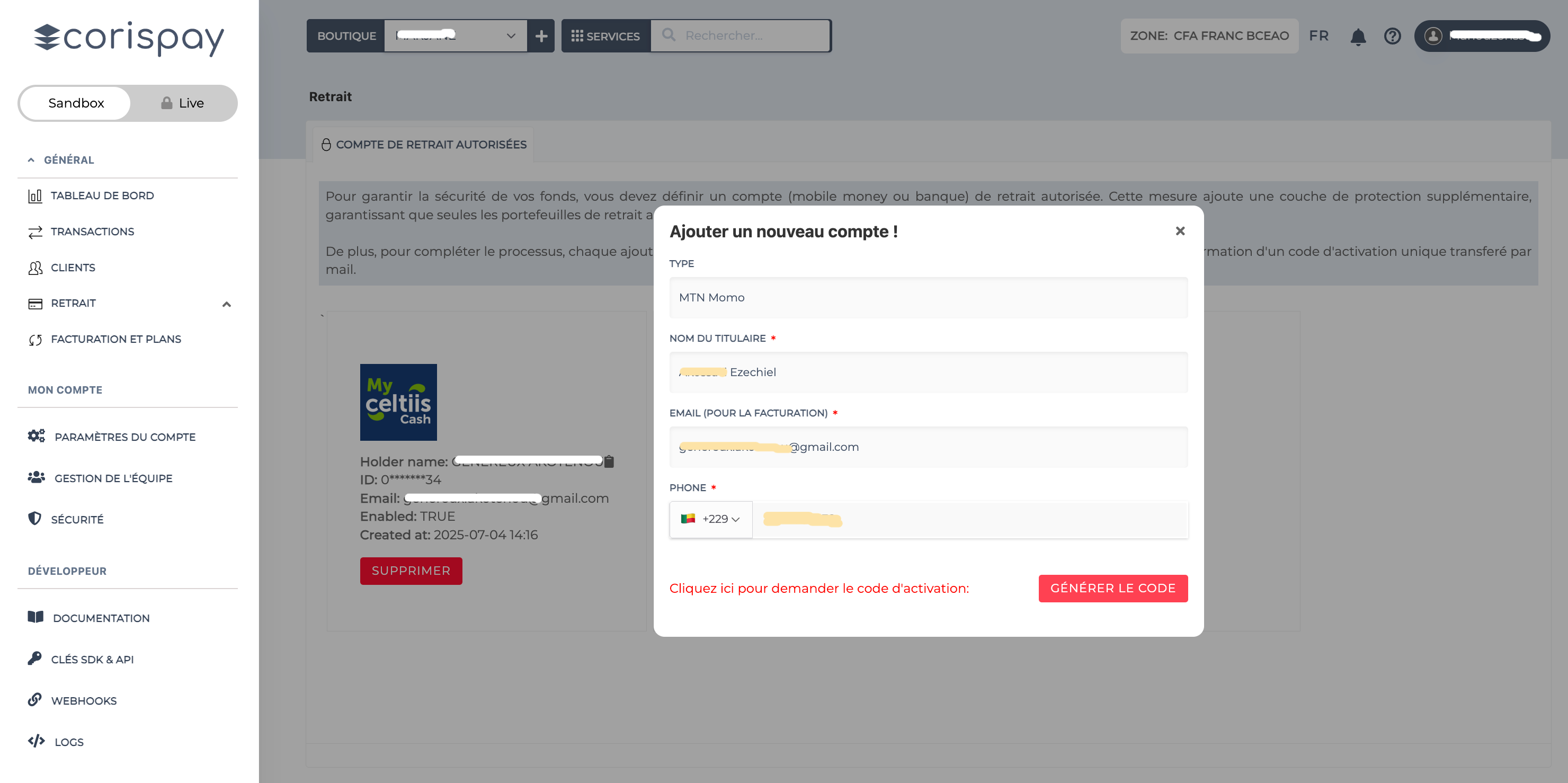 Ajout d’un compte autorisé